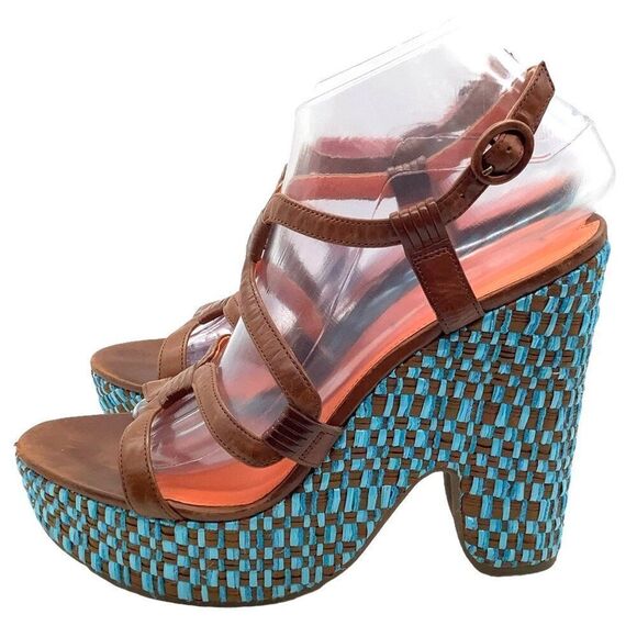 VIA SPIGA Cai Leather Platform Woven Wedge Sandals 41 9 Strappy Caged Blue Brown - Picture 4 of 10